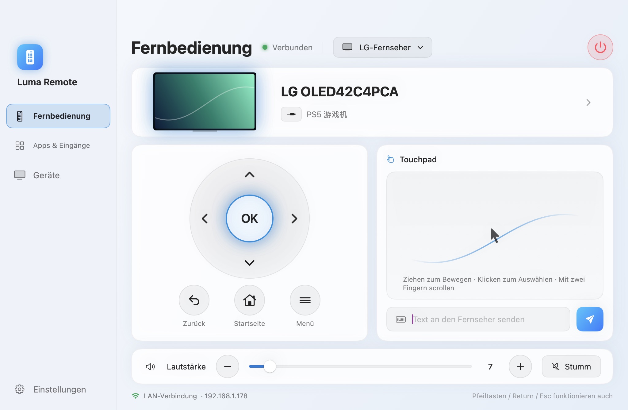 Das Fenster von Luma Remote